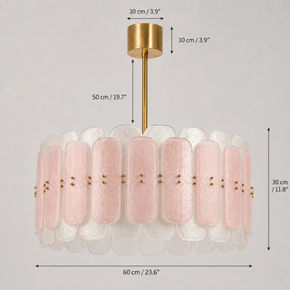 Dimensions of the Rosara drum chandelier: 60 cm / 23.6 in diameter, 30 cm / 11.8 in high, 50 cm / 19.7 in rod