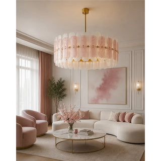 Rosara blush Murano glass drum chandelier above a marble coffee table in a soft pink living room