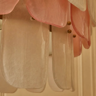 Detail of the frosted Murano glass paddle edges on the Rosara drum chandelier