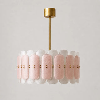 Rosara pink and white Murano glass paddle drum chandelier on a neutral background