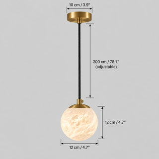 Dimensions of the Selenara pendant: 12 cm / 4.7 in globe, 10 cm / 3.9 in canopy, 200 cm / 78.7 in adjustable cord