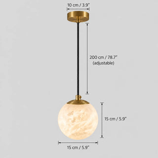 Dimensions of the Selenara pendant: 15 cm / 5.9 in globe, 10 cm / 3.9 in canopy, 200 cm / 78.7 in adjustable cord