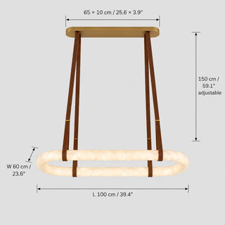 Sellara dimension diagram: 100 cm / 39.4 inch alabaster loop, 65 x 10 cm canopy, 150 cm adjustable leather straps