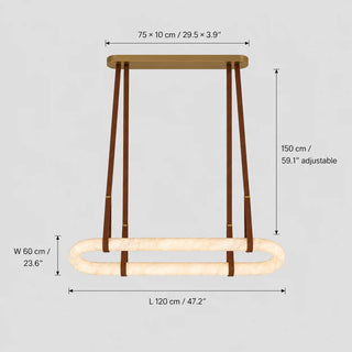 Sellara dimension diagram: 120 cm / 47.2 inch alabaster loop, 75 x 10 cm canopy, 150 cm adjustable leather straps