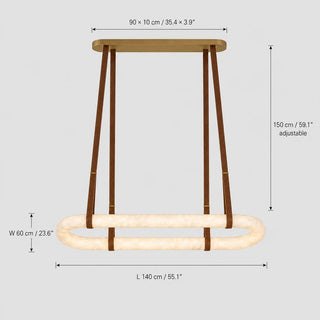 Sellara dimension diagram: 140 cm / 55.1 inch alabaster loop, 90 x 10 cm canopy, 150 cm adjustable leather straps