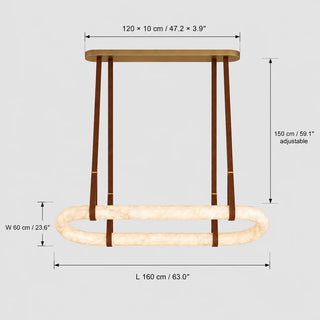 Sellara dimension diagram: 160 cm / 63 inch alabaster loop, 120 x 10 cm canopy, 150 cm adjustable leather straps