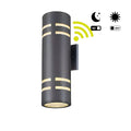 Front view of sensor-activated black LED wall light with automatic dusk-to-dawn operation