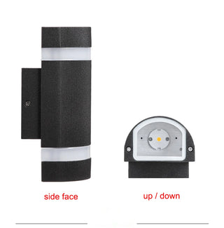 Side and bottom view of waterproof outdoor LED wall light showing light source and build