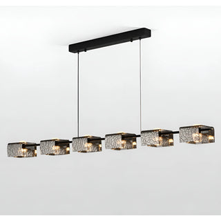 Six-light copper linear chandelier with sculptural textured glass shades and matte black frame