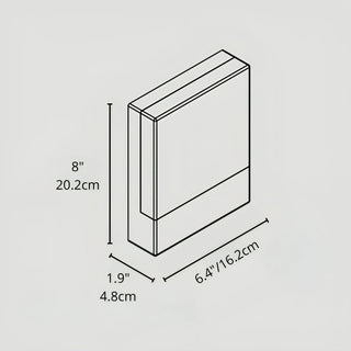 Technical diagram showing the LED wall light’s dimensions: 8” height, 6.4” width, 1.9” depth