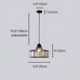 Size chart showing 9.8in 25 cm K9 crystal pendant light with 70.9in 180 cm adjustable hanging wire