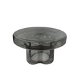 Smoked gray modern glass coffee table with round top and sculptural pedestal base