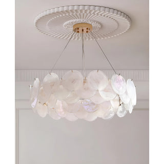 Soft white round glass chandelier with layered translucent discs and gold canopy, front view