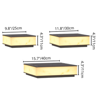 Size chart of marble-finish solar pillar lights in 25cm, 30cm, and 40cm models with 11cm height, warm LED glow