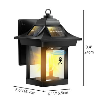 Solar-powered black lantern wall light with motion sensor — size dimensions shown: 9.4" height, 6.6" width, 6.1" depth