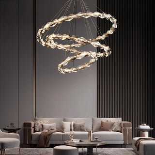 Elegant triple-ring K9 crystal chandelier with LED lighting, ideal for high ceilings