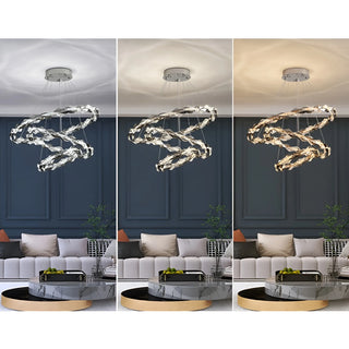 K9 crystal chandelier showing three LED light modes – cool white, neutral, and warm light – for versatile ambiance
