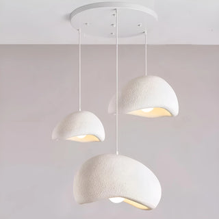 modern ceiling light with three sculptural wabi-sabi shades in off-white texture suspended from a round ceiling plate