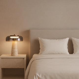 MIRODEMI travertine table lamp with smoky gray glass shade in minimalist bedroom decor – natural stone lighting for luxury interiors