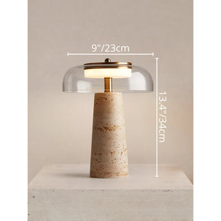MIRODEMI travertine and glass table lamp with measurements 9 inches 23 cm diameter × 13.4inches 34 cm height, natural stone base and transparent glass shade