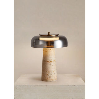 MIRODEMI travertine table lamp with smoked glass shade and brass top accent, warm ambient lighting for modern bedroom or living room
