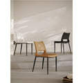 Three Nordic dining chairs in different colors displayed in modern interior