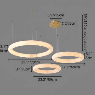 Three-layer modern alabaster chandelier with brass canopy and rings of 31.1", 27.2", 23.2" 79cm, 69cm, and 59cm diameters