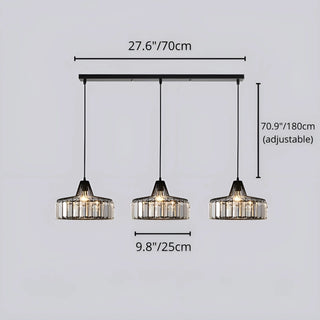 Technical dimensions of 3-light K9 crystal pendant chandelier, 27.6in 70 cm wide adjustable fixture