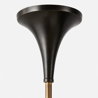 Detail of the black flared canopy and brass downrod of the Trombara chandelier
