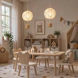 Two Aerella balloon pendant lights above a kids playroom table