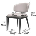 Size diagram of an upholstered dining chair with black legs and light cushion