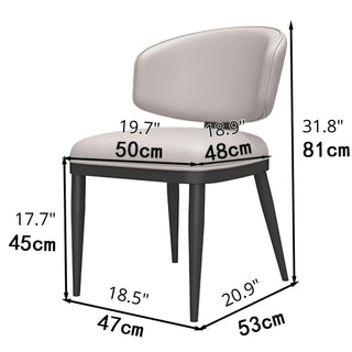 Size diagram of an upholstered dining chair with black legs and light cushion