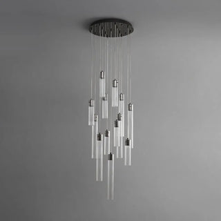 Urban Minimalist chandelier with staggered glass pendants hanging from a round pearl black ceiling base