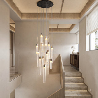 Urban Minimalist 13-light pendant chandelier hanging in a bright stair hall