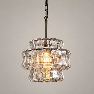 Vellori pendant light with a black iron frame and clear tiered glass shade