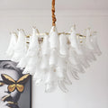 Elegant designer chandelier with cascading frosted glass petals and gold structure