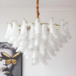 Elegant designer chandelier with cascading frosted glass petals and gold structure