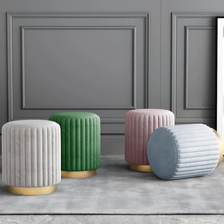 Collection of gray, green, pink, and light blue velvet makeup stools with gold bases – modern Nordic furniture