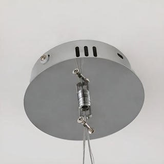 Ceiling mount detail of Verona Grand Crystal Staircase Chandelier – polished chrome base with adjustable hanging wires