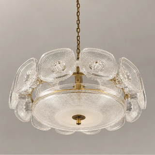 Vetrara clear pressed-glass ring chandelier with brass frame, lit, front view