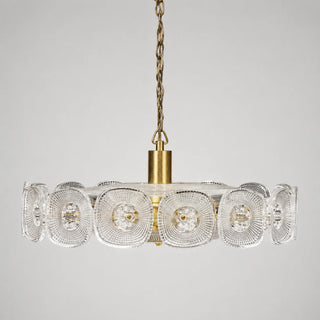 Clear Vetrara mid-century ring chandelier, front view with faceted pressed-glass tiles