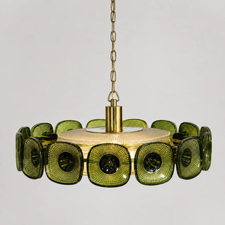 Large green Vetrara pressed-glass ring chandelier with sixteen glass tiles, lit