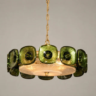Vetrara green pressed-glass ring chandelier with brass frame, lit, front view