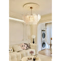 Virella Murano glass chandelier in sophisticated modern living room with layered artisan glass discs