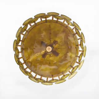 Bottom view of Viviana Mid-Century Glass Disc Chandelier in Olive Green