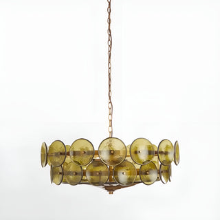 Full view of Viviana Mid-Century Glass Disc Chandelier in Olive Green