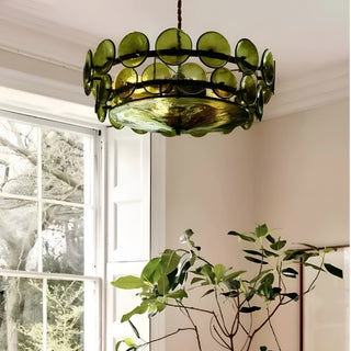 Olive Green Viviana Mid-Century Glass Disc Chandelier in Modern Interior