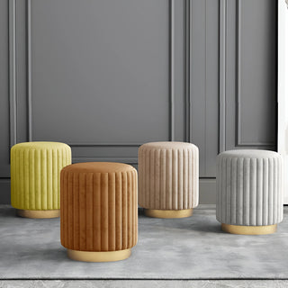 Beige, caramel, yellow, and gray velvet stools with gold bases – cozy Nordic design furniture by MIRODEMI