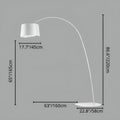 Size diagram of modern white arc floor lamp – 86.6 inches 220 cm height, 63 inches 160 cm reach, 17.7 inches 45 cm lampshade diameter