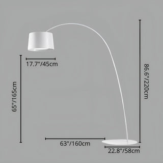 Size diagram of modern white arc floor lamp – 86.6 inches 220 cm height, 63 inches 160 cm reach, 17.7 inches 45 cm lampshade diameter